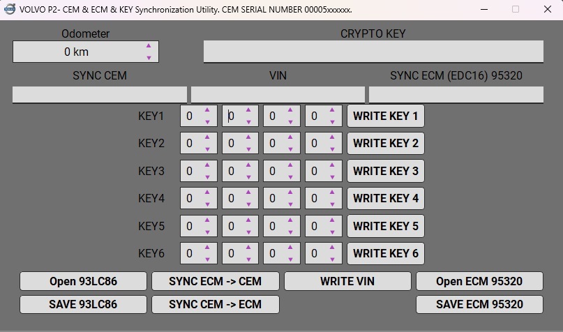 VOLVO P2 - CEM & ECM & KEY Synchronization Utility. CEM SERIAL NUMBER 00005xxxxxx+.  CEM 93LC86 - ECM:  EDC16 95320