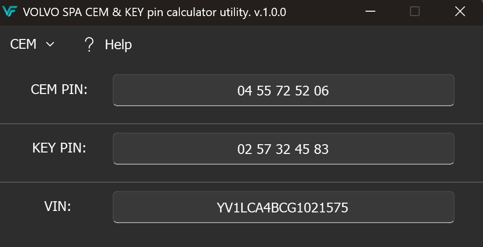 VOLVO SPA СEM & KEY pin calculator utility
