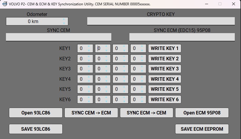 VOLVO P2 - CEM & ECM & KEY Synchronization Utility. CEM SERIAL NUMBER 00005xxxxxx+. CEM 93LC86 - ECM: EDC15 95P08