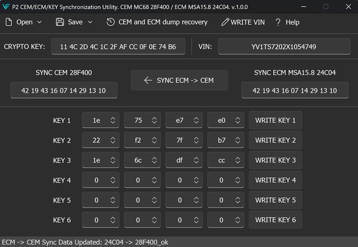 VOLVO P2 - CEM & ECM & KEY Synchronization Utility. CEM MC68 28F400 / ECM MSA15.8 24C04