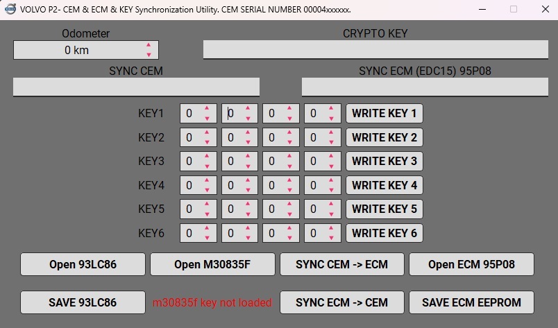 VOLVO P2 - CEM & ECM & KEY Synchronization Utility. CEM SERIAL NUMBER 00004xxxxxx. CEM 93LC86 - ECM: EDC15 95P08