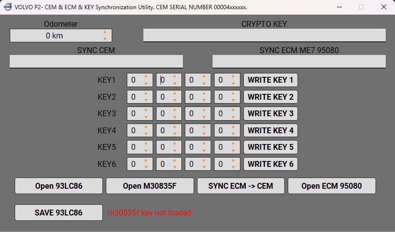 VOLVO P2 - CEM & ECM & KEY Synchronization Utility. CEM SERIAL NUMBER 00004xxxxxx. CEM 93LC86 - ECM: ME7 95080